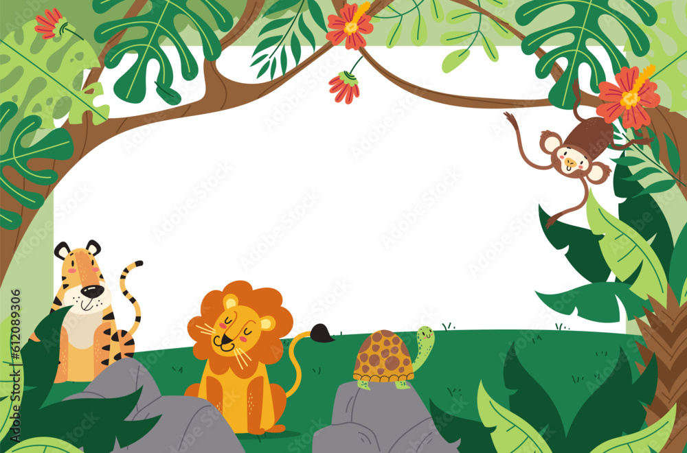 Fototapeta premium Animal jungle cartoon safari wild background concept. Vector design graphic illustration 