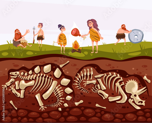 Cave man people village prehistoric primitive tribe village concept. Vector graphic design element illustration