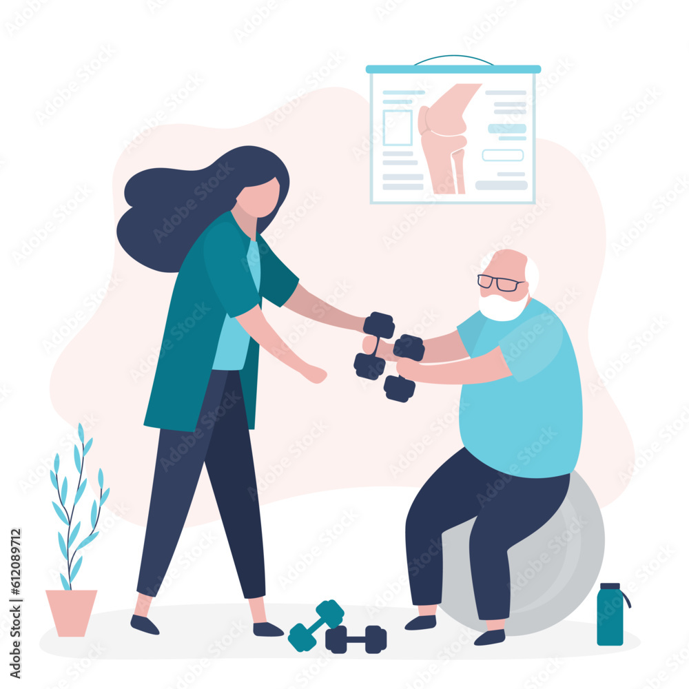 Physiotherapist rehabilitates an elderly patient. Physiotherapy, injury recovery. Elderly man is doing exercises on fitball with rehabilitation doctor.