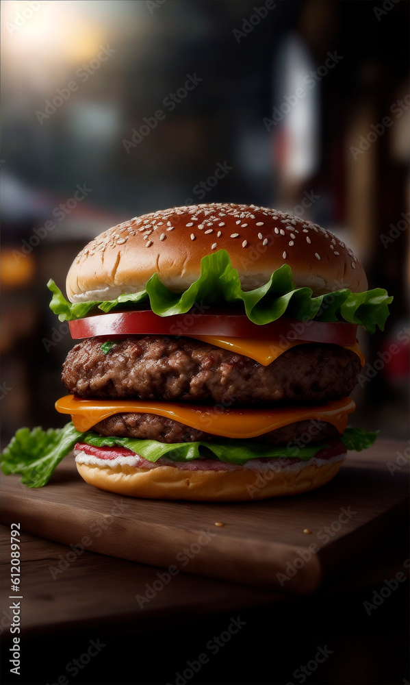 Hamburger on a Wooden Table, Generative AI Hamburger on a Wooden Table, Generative AI