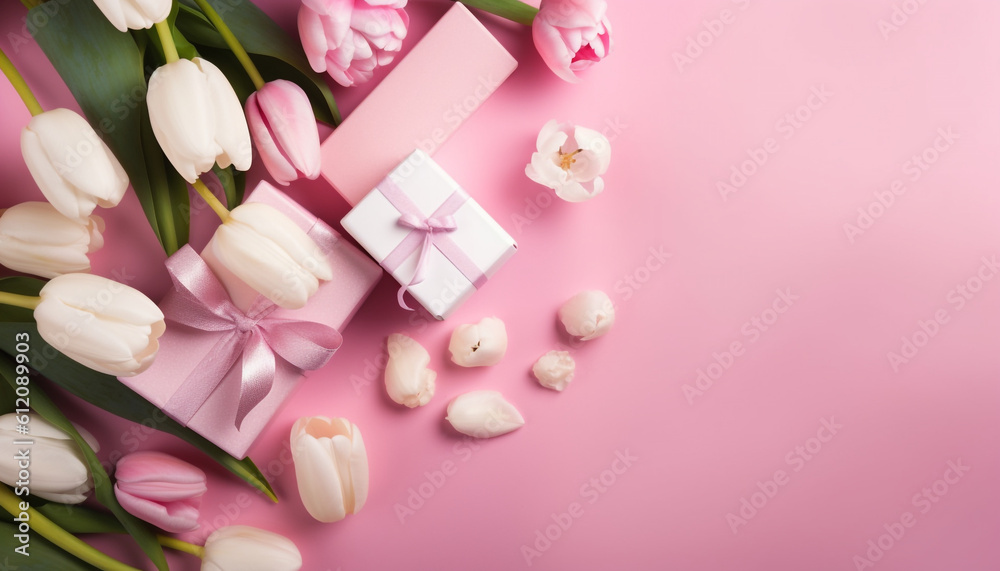 Happy mothers Day concept. Top view of white and pink tulip flowers on pink pastel background. Flat lay. Generative AI