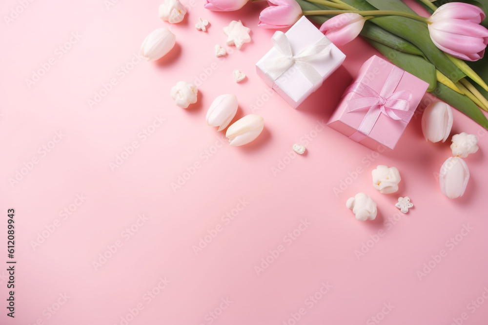 Happy mothers Day concept. Top view of white and pink tulip flowers on pink pastel background. Flat lay. Generative AI