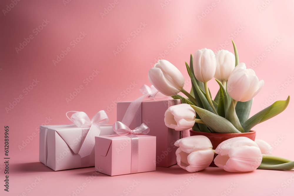 Happy mothers Day concept. Top view of white and pink tulip flowers on pink pastel background. Flat lay. Generative AI Happy mothers Day concept. Top view of white and pink tulip flowers on pink pastel background. Flat lay. Generative AI