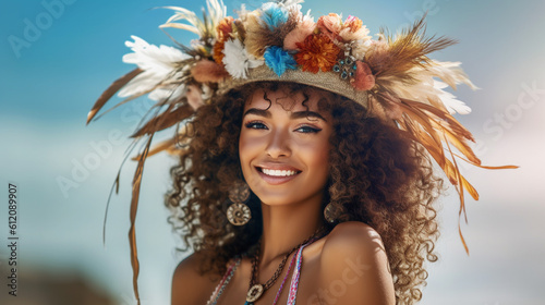 creative of a young woman with floral decoration on her head, goddess of spring or goddess of plants and flowers, a young woman as a princess at the beach, vacation and beauty