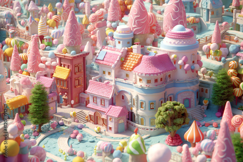 Small and cute candy village. High quality photo Generative AI © Starmarpro