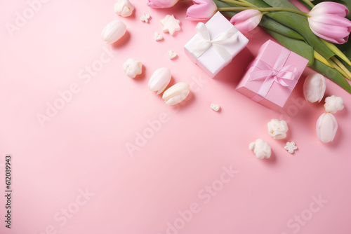 Happy mothers Day concept. Top view of white and pink tulip flowers on pink pastel background. Flat lay. Generative AI © RBGallery