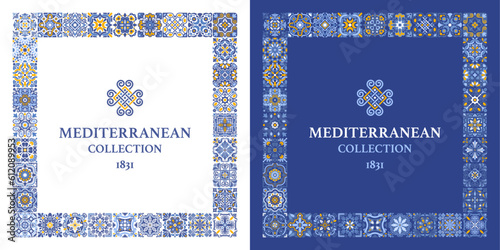 Square frame template with azulejo mosaic tile pattern, blue, white, yellow colors, floral motifs. Mediterranean, Portuguese, Spanish traditional vintage style. Vector illustration