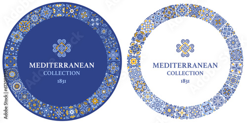 Round frame template with azulejo mosaic tile pattern, blue, white, yellow colors, floral motifs. Mediterranean, Portuguese, Spanish traditional vintage style. Vector illustration