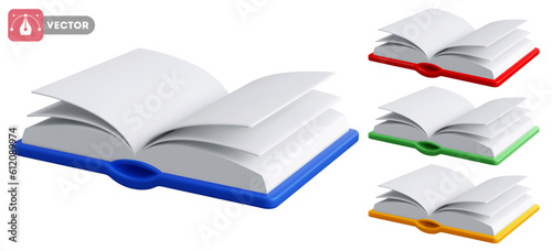 Open book icon set. Open paper books with colored covers, isolated on white background. Notebook with blank pages, online education concept. 3d realistic vector illustration
