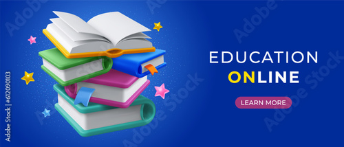 Online education concept. Banner template with stack of closed paper books with a bookmarks and color covers on dark blue background. Open book on the top. 3d realistic vector illustration