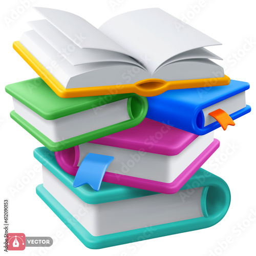 Books stack with bookmarks, color covers and open book on the top. Online education concept. Isolated on white background. 3d realistic icon, vector illustration