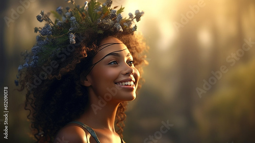 creative of a young woman with floral decoration on her head, goddess of spring or goddess of plants and flowers, a young woman as a princess