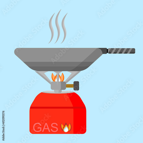 Gas stove, Oil burner with pan for camping, hiking and trail in flat vector illustration design