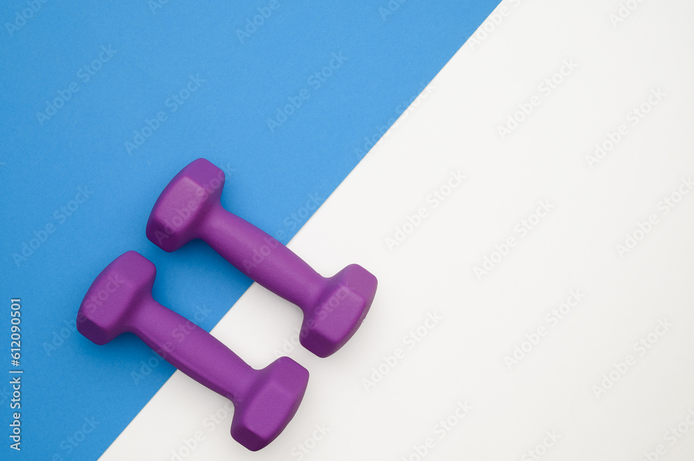 The layout of two rubberized dumbbells of 2 kg of purple color on a blue-white background, top view. Sports training The layout of two rubberized dumbbells of 2 kg of purple color on a blue-white background, top view. Sports training