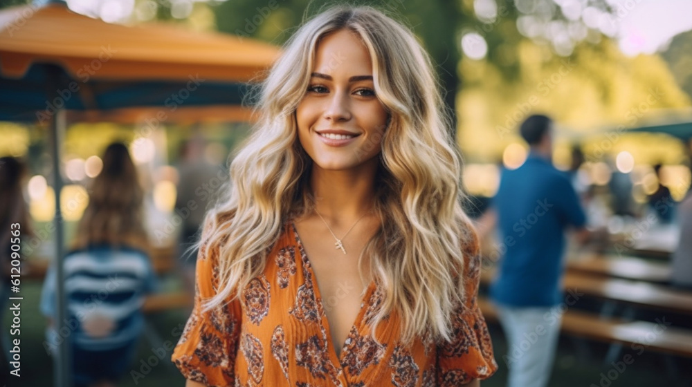 young adult woman wearing a summer dress in a garden or beer garden or city park or city festival, fictional location young adult woman wearing a summer dress in a garden or beer garden or city park or city festival, fictional location