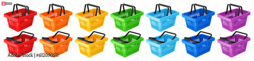 Empty shopping basket icons set. Realistic 3d shopping cart in different colors, red, orange, yellow, blue, green, purple, isolated on white background. Vector illustration