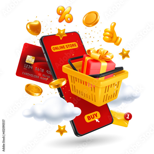 Online store in mobile phone. Shopping cart with gift, credit card, smartphone, web icons and coins. Conceptual design for shopping online, advertising of sale. 3d Vector illustration