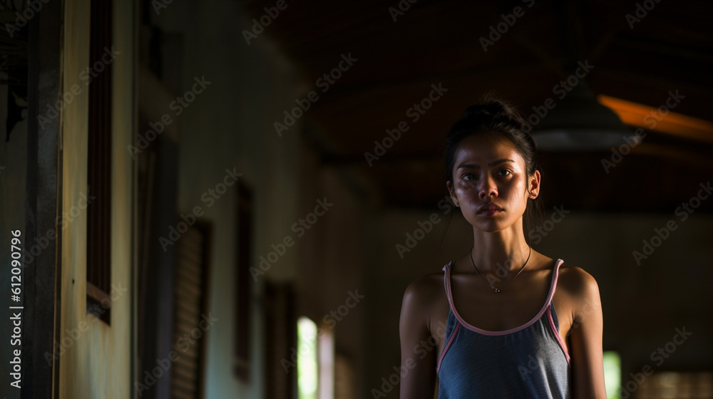problems or bad mood, everyday life, young adult asian woman in simple living conditions in the countryside rural, real life, house indoor, fictional place, unhappy and satisfied