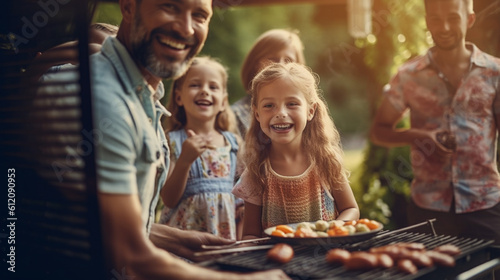 family reunions and garden parties or barbecues, barbecuing together in the garden, children adults, grandma and grandpa, family and parents, generations together
