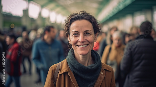mature middle-aged adult woman shopping at the bus station, l smiling, having fun and joy and satisfaction photo