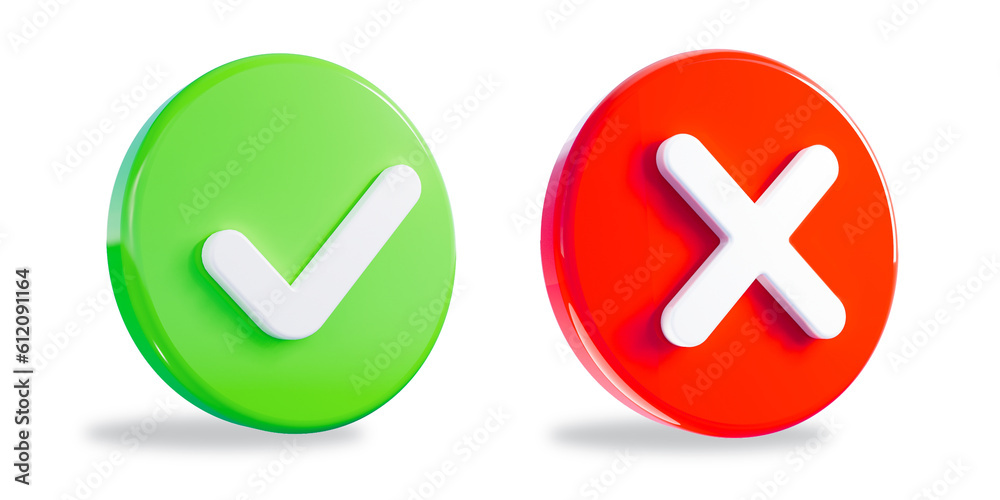 Right and wrong 3D Icons, acceptance and rejection concept. Red and green round icons buttons with a check mark and cross. 3d Illustration_2 Right and wrong 3D Icons, acceptance and rejection concept. Red and green round icons buttons with a check mark and cross. 3d Illustration_2