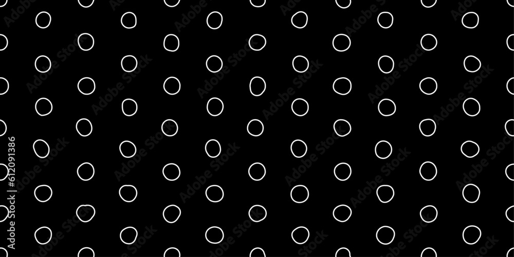 Simple casual stylish polka rings. Several curved white dots on a black background in a seamless pattern. Vector and stylish pattern for design and surfaces.