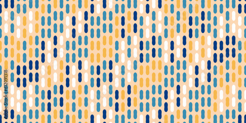 Vertical dashes, repeating and colored. Modern style with circles and rings on a strict tile.