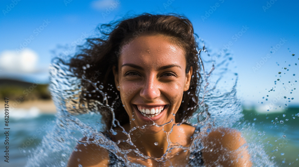 Obraz premium woman in the water on a beach or lake on vacation traveling, on a city trip, summer vacation, traveling, vacation in Europe, fictitious place