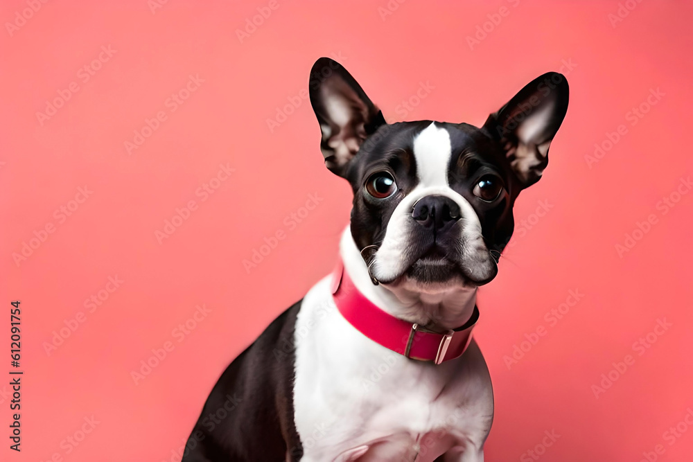 Boston Terrier on coral pink background
