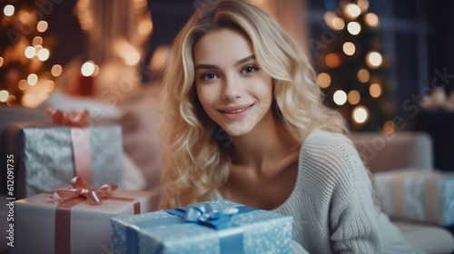 young adult woman, at home, in the living room, with a christmas present, christmas eve, anticipation and christmas mood