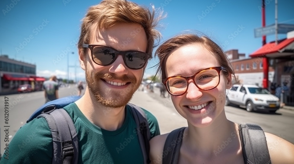adult couple or friends, man and woman on vacation traveling, on a city trip, summer vacation, traveling together, vacation in Europe, fictitious place