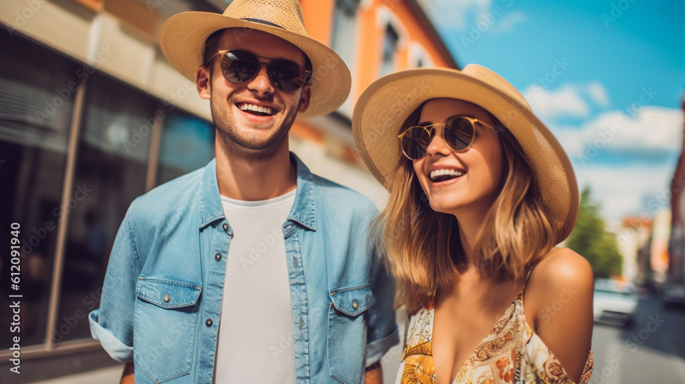 adult couple or friends, man and woman on vacation traveling, on a city trip, summer vacation, traveling together, vacation in Europe, fictitious place adult couple or friends, man and woman on vacation traveling, on a city trip, summer vacation, traveling together, vacation in Europe, fictitious place