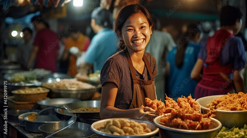 night market for food and snacks, asian food market to eat directly, fictional place, sales stall saleswoman