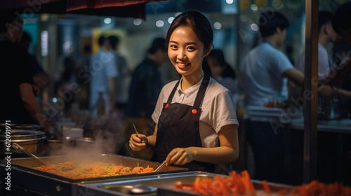 night market for food and snacks, asian food market to eat directly, fictional place, sales stall saleswoman