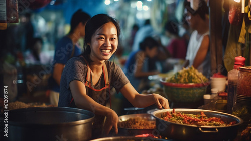 night market for food and snacks, asian food market to eat directly, fictional place, sales stall saleswoman