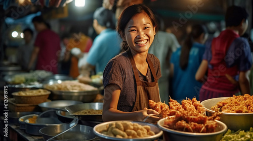 night market for food and snacks, asian food market to eat directly, fictional place, sales stall saleswoman