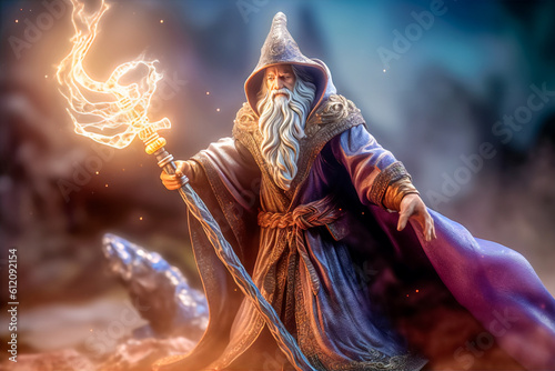 Vászonkép figure of a wise wizard with satff on fire preparing to launch a spell