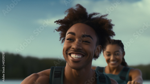 young adult transgender diverse trans man woman with tanned skin, with a young slim multiracial woman with dark skin, on the sea, kayak or stand-up paddle SUP, fictional location