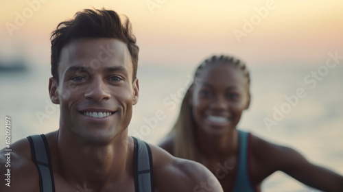 young adult man with tanned skin  with a young slim multiracial woman with dark skin  on the sea  kayak or stand-up paddle SUP  fictional location