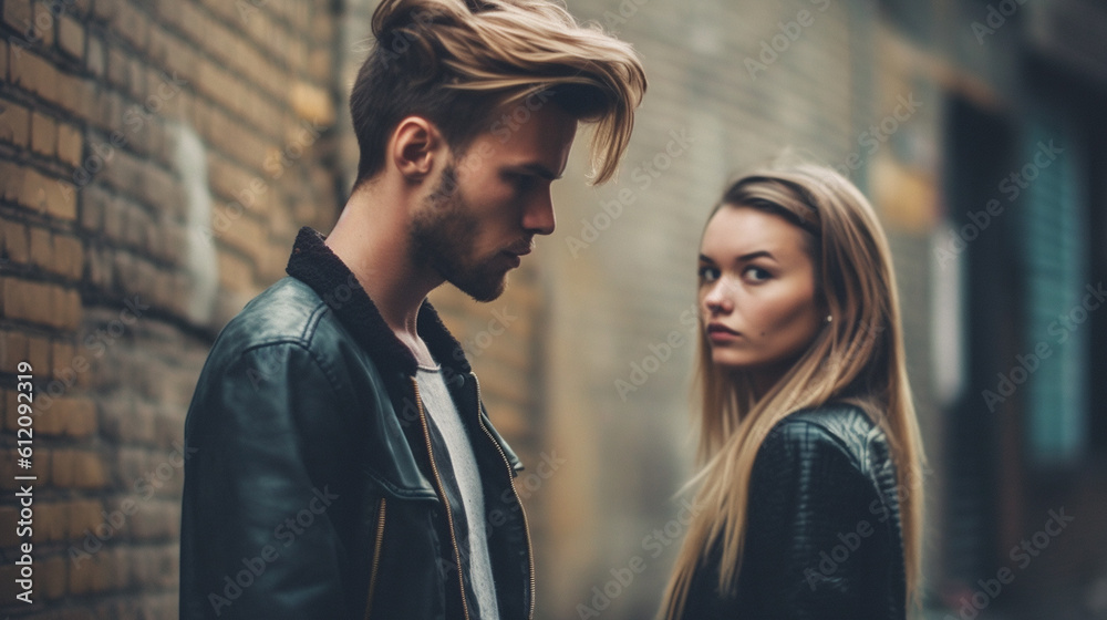 young adult woman and man, couple or friends, dispute or quarrel, relationship problems or disagreement, relationship crisis and breaking up, hurt feelings and broken heart