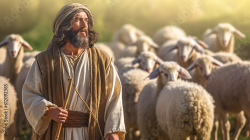 abstract, a farmer or shepherd or jesus, as a saint, with sheep and flock of sheep