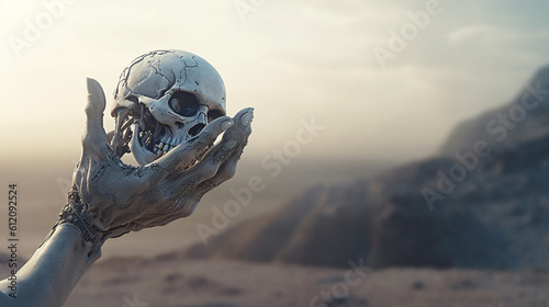 evolution of robots, advanced robot holds the skull of an evolved cybrog in his hand