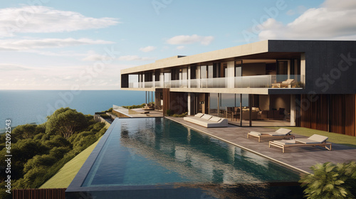 Residence on a cliff overlooking the ocean, multi-storey villa with glass windows, fictional location © wetzkaz
