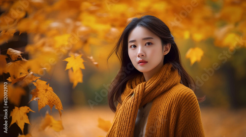 young fair skinned asian woman, light skin, in autumn in an avenue, orange orange leaves of the trees, walking or tourist on vacation