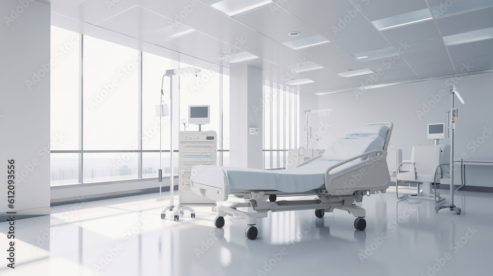 a hospital bed in a hospital room, modern medical devices, hospital and bed