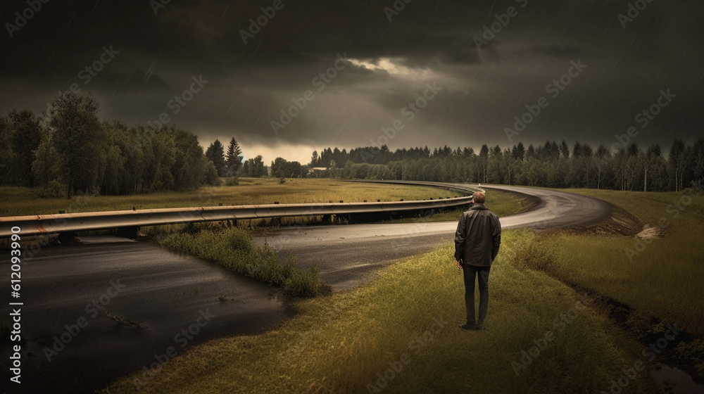 Obraz premium nature reclaims the infrastructure and roads, grass grows over the road, people stand next to it during storms and rain