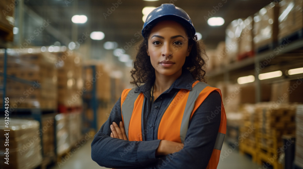 woman in production hall and warehouse, safety helmet and work jacket, crossed arms, interior, storage space, warehouse and logistics, pallets with products ready for collection, fictitious place