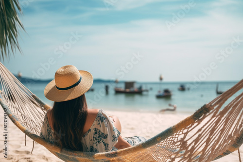 Back view of a young woman in a hammock on a tropical sandy beach during the sunset. High quality photo Generative AI