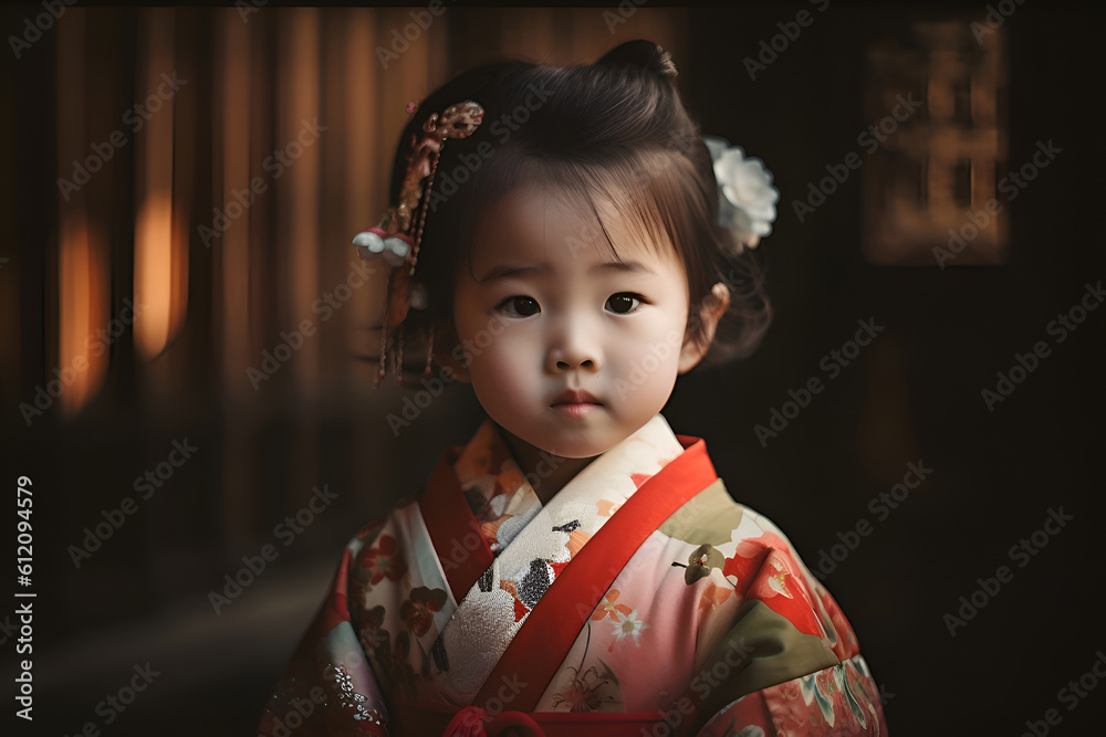 A little Chinese girl in a kimono, Generative AI A little Chinese girl in a kimono, Generative AI