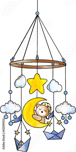 Εκτύπωση καμβά Baby lullaby mobile watercolor illustration